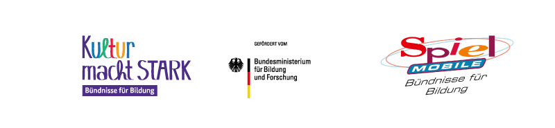 Banner Förderungs-Logos / Absendermarke: „Kultur macht stark. Bündnisse für Bildung“ gefördert durch das Bundesministerium für Bildung und Forschung. Gefördert durch die BAG Spielmobile im Programm „Kultur macht stark. Bündnisse für Bildung“.